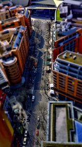 Preview wallpaper road, buildings, cars, street, height, aerial view