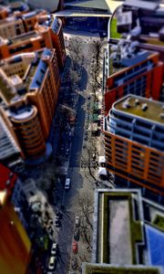 Preview wallpaper road, buildings, cars, street, height, aerial view