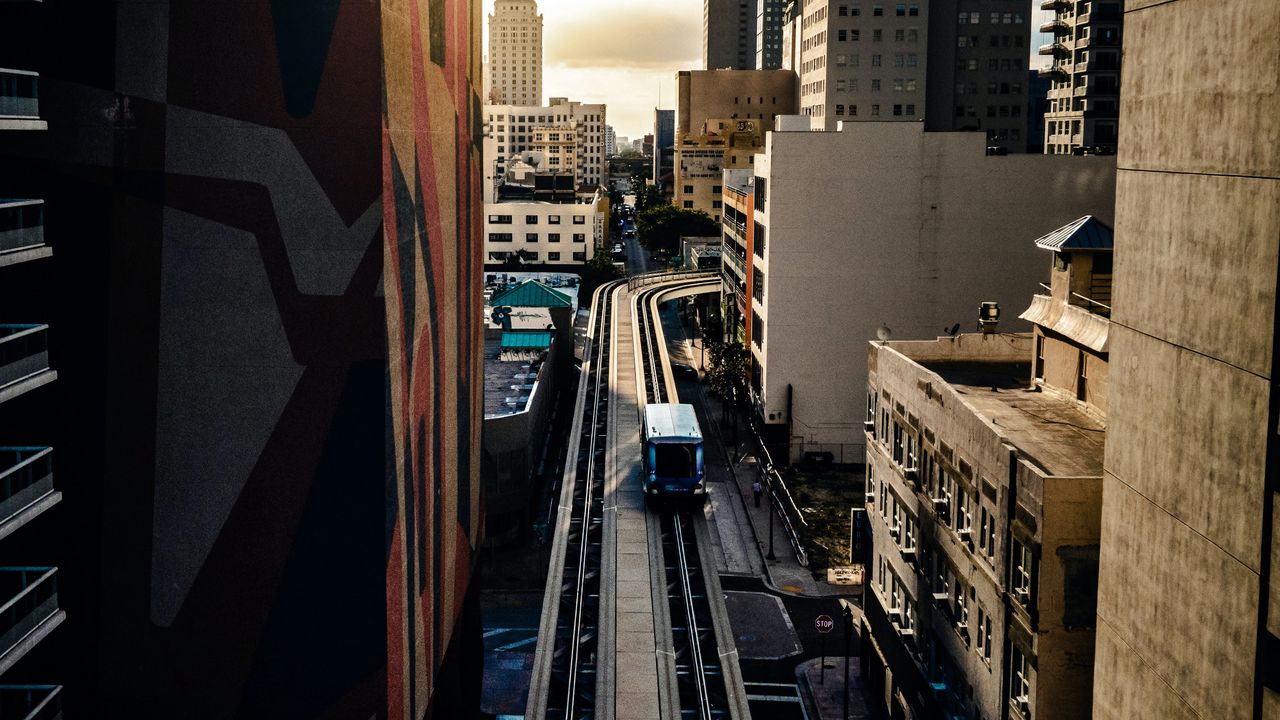 Wallpaper road, buildings, facades, car, palm trees