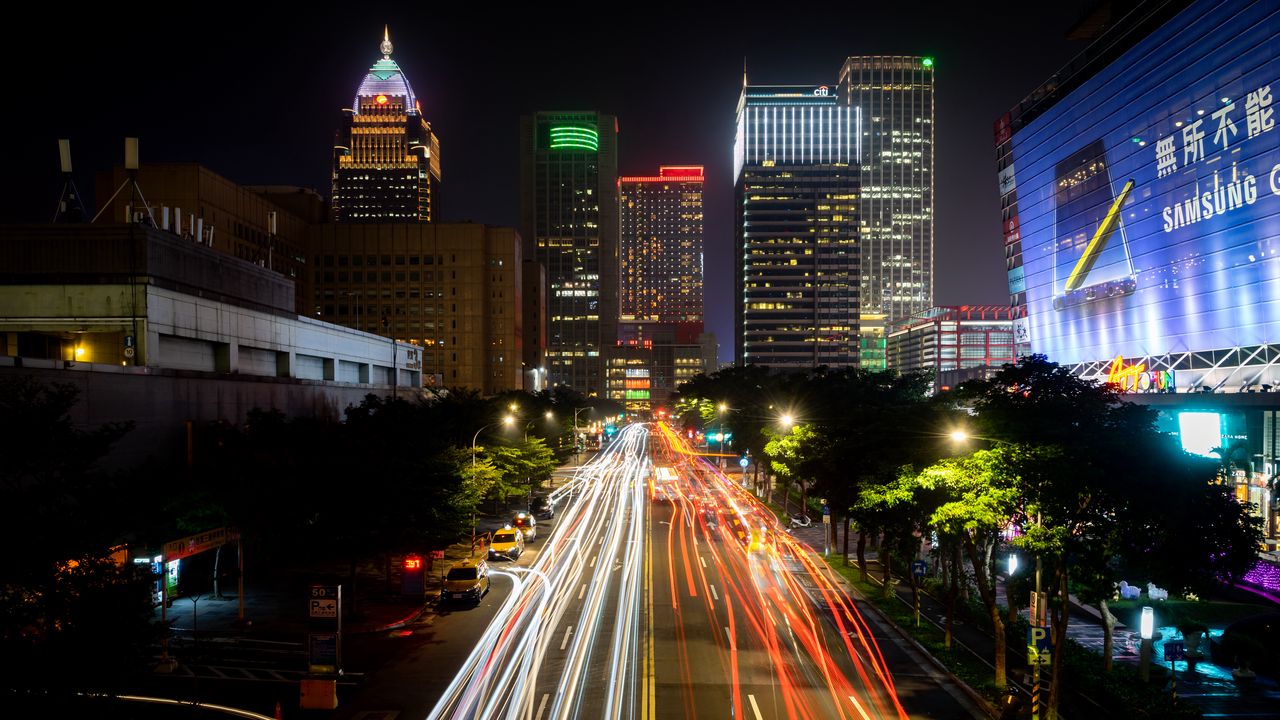 Wallpaper road, buildings, lights, long exposure, city, night