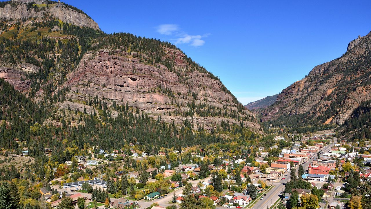 Wallpaper road, buildings, mountains, trees, sky
