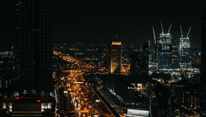 Preview wallpaper road, buildings, night city, lights, cars