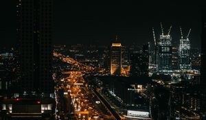 Preview wallpaper road, buildings, night city, lights, cars