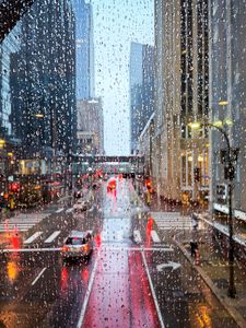 Preview wallpaper road, buildings, window, drops, rain, city