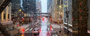 Preview wallpaper road, buildings, window, drops, rain, city