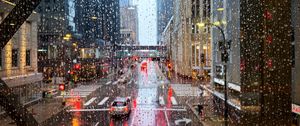 Preview wallpaper road, buildings, window, drops, rain, city