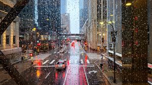 Preview wallpaper road, buildings, window, drops, rain, city