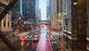 Preview wallpaper road, buildings, window, drops, rain, city