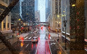 Preview wallpaper road, buildings, window, drops, rain, city