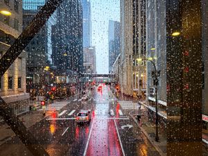Preview wallpaper road, buildings, window, drops, rain, city