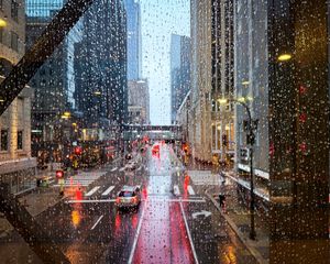 Preview wallpaper road, buildings, window, drops, rain, city