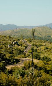 Preview wallpaper road, bushes, stones, hills, distance