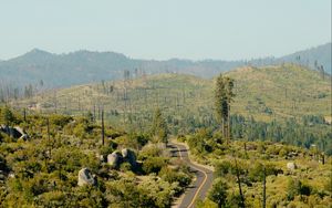 Preview wallpaper road, bushes, stones, hills, distance