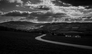 Preview wallpaper road, bw, turn, sky, clouds