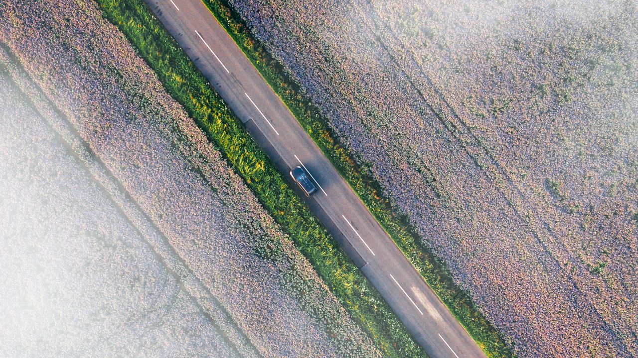 Wallpaper road, car, aerial view, fields, clouds