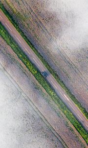 Preview wallpaper road, car, aerial view, fields, clouds