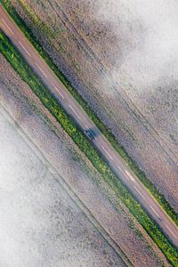 Preview wallpaper road, car, aerial view, fields, clouds