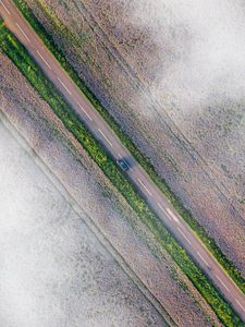 Preview wallpaper road, car, aerial view, fields, clouds