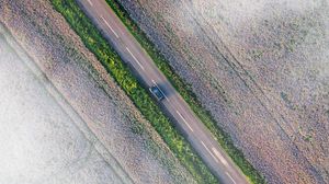 Preview wallpaper road, car, aerial view, fields, clouds