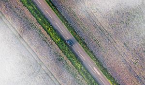 Preview wallpaper road, car, aerial view, fields, clouds