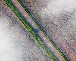 Preview wallpaper road, car, aerial view, fields, clouds