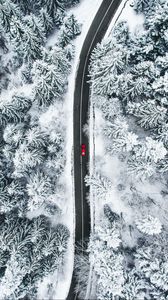 Preview wallpaper road, car, aerial view, forest, snow