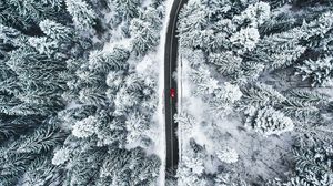 Preview wallpaper road, car, aerial view, forest, snow
