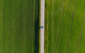 Preview wallpaper road, car, aerial view, grass