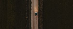 Preview wallpaper road, car, aerial view, grass, evening