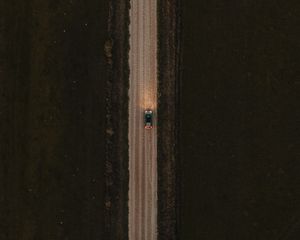 Preview wallpaper road, car, aerial view, grass, evening