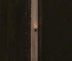 Preview wallpaper road, car, aerial view, grass, evening