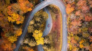Preview wallpaper road, car, aerial view, trees, autumn