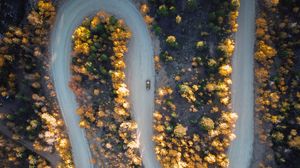 Preview wallpaper road, car, aerial view, trees, turn