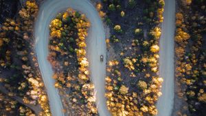 Preview wallpaper road, car, aerial view, trees, turn