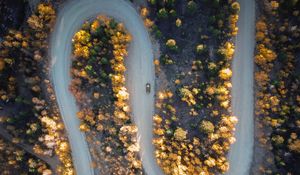 Preview wallpaper road, car, aerial view, trees, turn