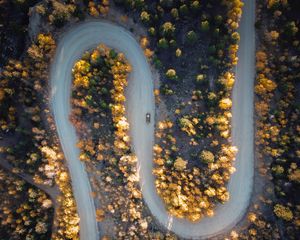 Preview wallpaper road, car, aerial view, trees, turn