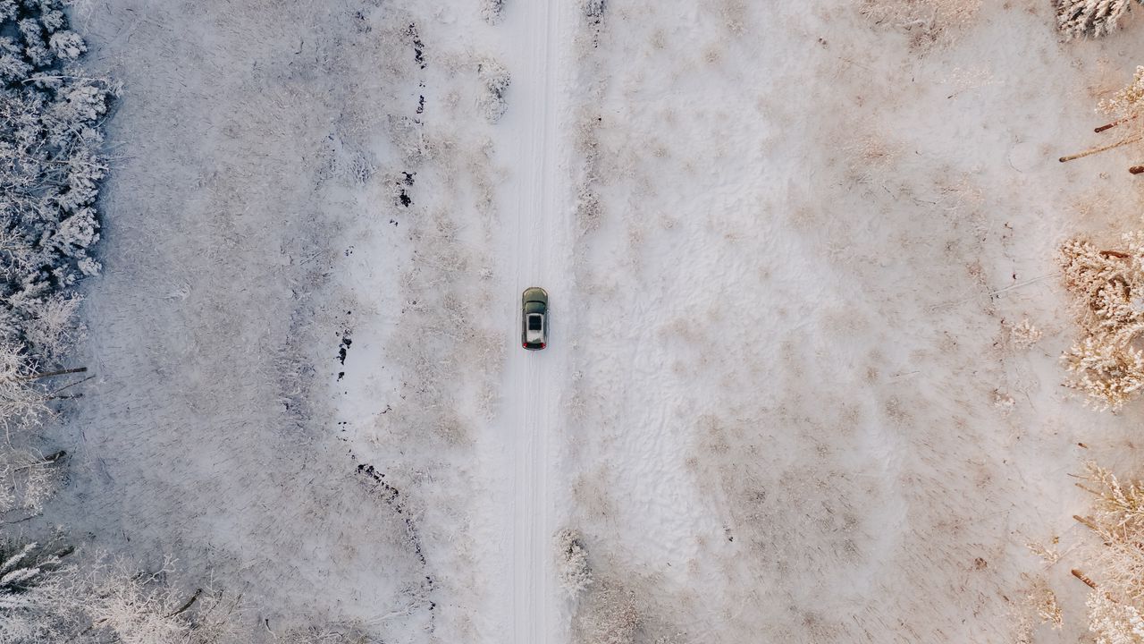 Wallpaper road, car, aerial view, snow, winter