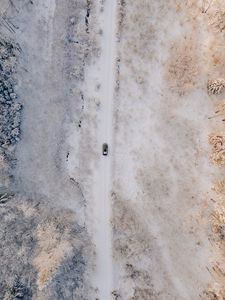 Preview wallpaper road, car, aerial view, snow, winter