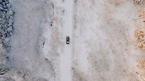 Preview wallpaper road, car, aerial view, snow, winter