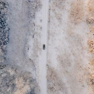 Preview wallpaper road, car, aerial view, snow, winter
