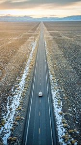 Preview wallpaper road, car, aerial view, valley, mountains