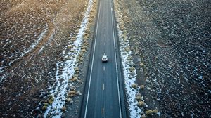 Preview wallpaper road, car, aerial view, valley, mountains