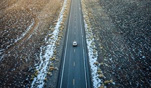 Preview wallpaper road, car, aerial view, valley, mountains