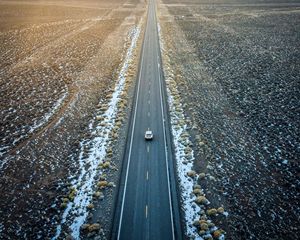 Preview wallpaper road, car, aerial view, valley, mountains