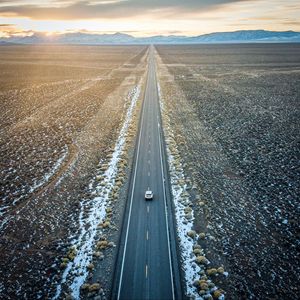 Preview wallpaper road, car, aerial view, valley, mountains