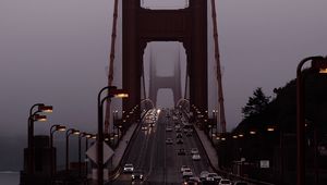 Preview wallpaper road, car, bridge, fog