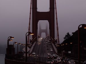 Preview wallpaper road, car, bridge, fog