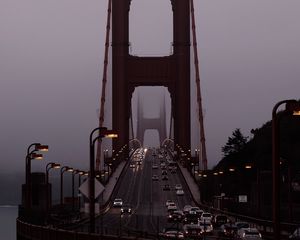 Preview wallpaper road, car, bridge, fog