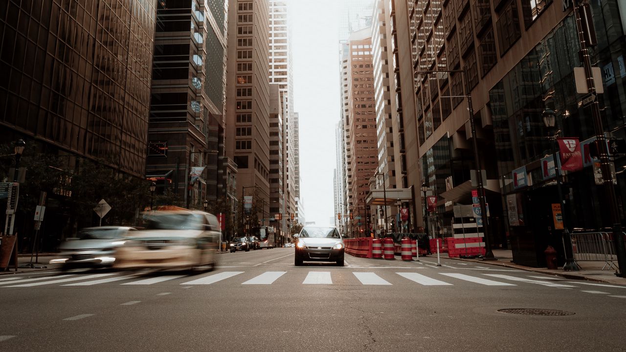 Wallpaper road, car, city, buildings