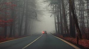 Preview wallpaper road, car, fog, trees